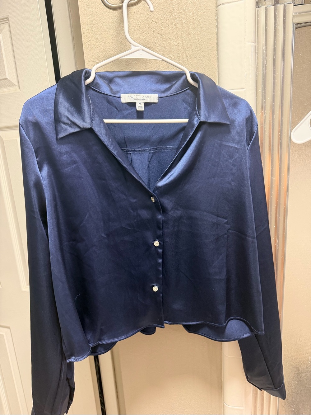 Sweet Rain Navy Satin Button-Front Blouse